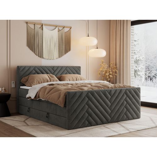 MKS MEBLE Boxspringbett 120x200 mit Bettkasten Matratze H3 - Paris King Duo - Dunkelgrau Velvet