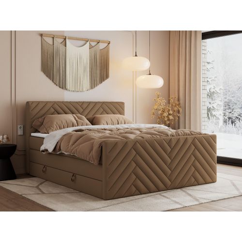 MKS MEBLE Boxspringbett 140x200 mit Bettkasten Matratze H4 - Paris King Duo - Braun Kunstleder