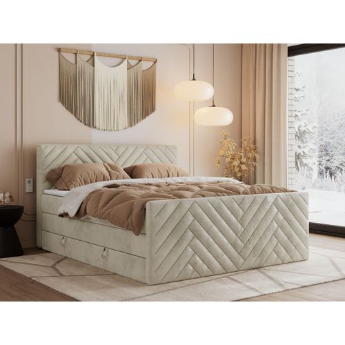 MKS MEBLE Boxspringbett 120x200 mit Bettkasten Matratze H4 - Paris King Duo - Beige Velvet