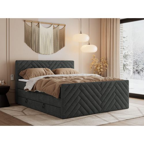MKS MEBLE Boxspringbett 120x200 mit Bettkasten Matratze H4 - Paris King Duo - Dunkelgrau Struktur