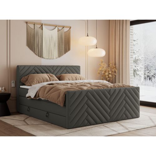 MKS MEBLE Boxspringbett 120x200 mit Bettkasten Matratze H3 - Paris King Duo - Grau Kunstleder