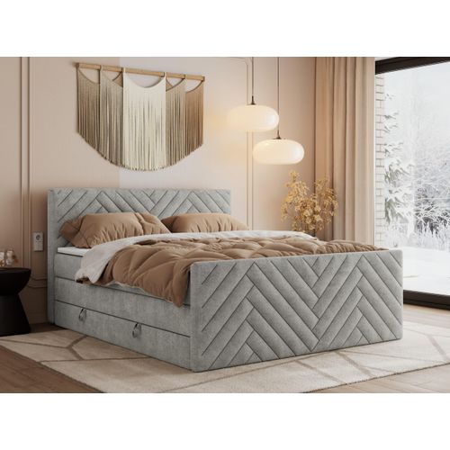 MKS MEBLE Boxspringbett 120x200 mit Bettkasten Matratze H3 - Paris King Duo - Hellgrau Struktur