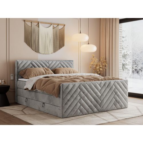 MKS MEBLE Boxspringbett 120x200 mit Bettkasten Matratze H3 - Paris King Duo - Hellgrau Velvet