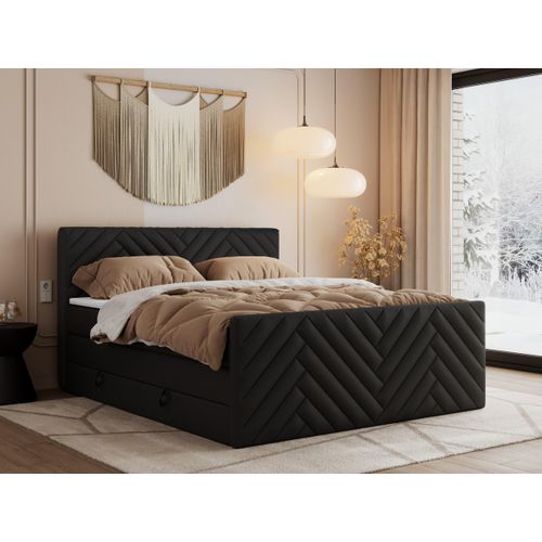 MKS MEBLE Boxspringbett 120x200 mit Bettkasten Matratze H4 - Paris King Duo - Schwarz Kunstleder