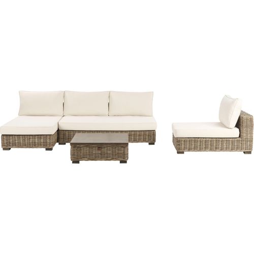 BELIANI Lounge Set Grau Rattan 4-Sitzer Rechtsseitig mit Auflagen Cremeweiß Tisch und Lounger Boho Gartenausstattung Terrasse Outdoor
