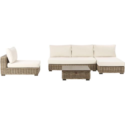 BELIANI Lounge Set Grau Rattan 4-Sitzer Linksseitig mit Auflagen Cremeweiß Tisch und Lounger Boho Gartenausstattung Terrasse Outdoor