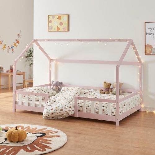 Kinderbett ’Sisimiut’ in Haus-Optik mit Rausfallschutz Kiefernholz 120 x 200 cm Rosa / Weiß