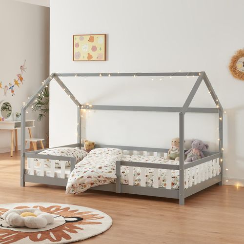 Kinderbett ’Sisimiut’ in Haus-Optik mit Rausfallschutz Kiefernholz 140 x 200 cm Hellgrau / Weiß