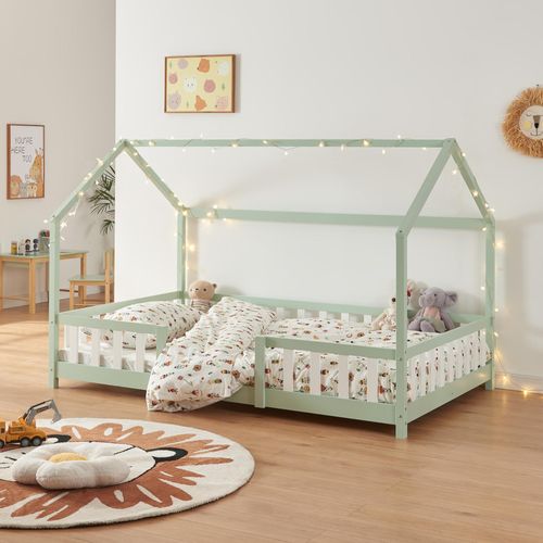 Kinderbett ’Sisimiut’ in Haus-Optik mit Rausfallschutz Kiefernholz 120 x 200 cm Mintgrün / Weiß