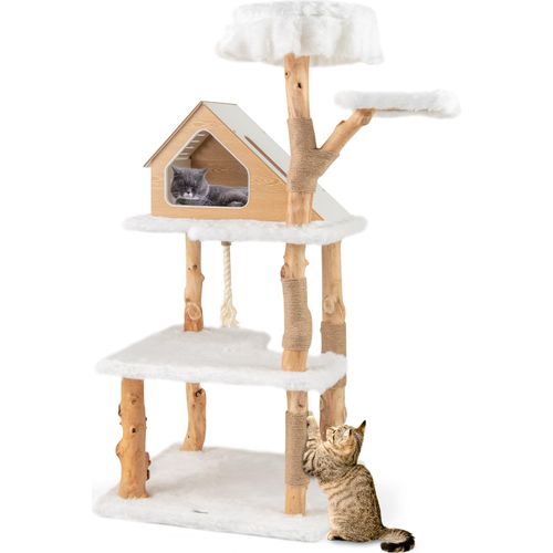 COSTWAY Kratzbaum 150cm hoch Holz, Katzenbaum mit 2 Liegeplätzen, Höhle, Kratzsäulen, Sisalseil und Plüsch, Katzenmöbel Kletterbaum für Katzen