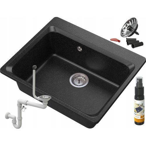 Granitan | Granitspüle ZANTE - 619 x 522 mm - Schwarz gepunktet - mit Zubehör und Pflegeprodukt