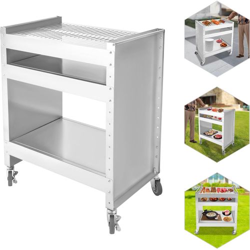 Grillwagen aus Edelstahl, Mobiler Barbecue-Wagen, Rechteckig Picknickwagen, Silber