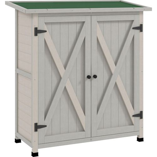 Outsunny Gartenschrank, Geräteschuppen aus Holz, Wetterfest Geräteschrank mit 2 Türen, Werkzeughaus mit Asphaltdach, Werkzeugschrank für Garten, Terrasse, 110 x 55 x 117 cm, Hellgrau