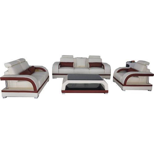Sofa Couch Leder Polster Sitz Couch Garnitur 3+2+1 Tisch Set Design Sofas Neu
