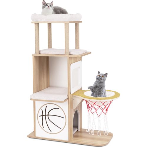 COSTWAY Kratzbaum 120cm, Katzenbaum mit Hängematte in Basketballkorb-Stil, 2-stöckigem Katzenhaus, 2 Plattformen & Kissen, Katzenmöbel Holz, Natur