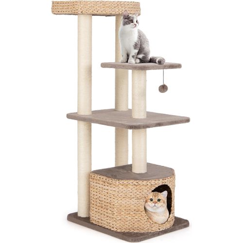 COSTWAY Kratzbaum 131cm mit Katzenhöhle, Katzenbaum mit Plattformen, Ball, Sitzstange & Kissen, Kletterbaum aus Rohrkolben & Sisal, Kaffee Natur