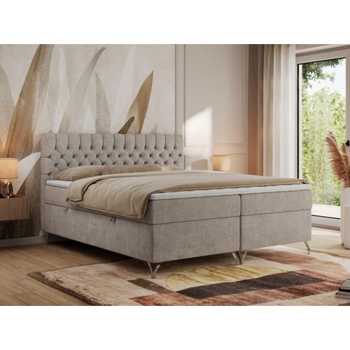 MKS MEBLE Boxspringbett 120x200, Bett 120x200 mit Matratze H4, Boxspringbett 120x200 mit Bettkasten und Topper, Polsterbett 120x200 Füße - GRIMALDI - 120x200 - Beige Struktur - H4