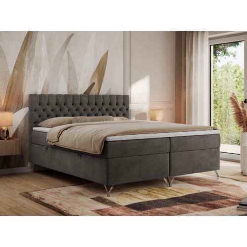 MKS MEBLE Boxspringbett 120x200, Bett 120x200 mit Matratze H4, Boxspringbett 120x200 mit Bettkasten und Topper, Polsterbett 120x200 Füße - GRIMALDI - 120x200 - Dunkelgrau Velvet - H4