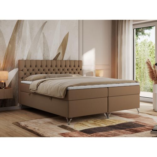 MKS MEBLE Boxspringbett 120x200, Bett 120x200 mit Matratze H4, Boxspringbett 120x200 mit Bettkasten und Topper, Polsterbett 120x200 Füße - GRIMALDI - 120x200 - Braun Kunstleder - H4