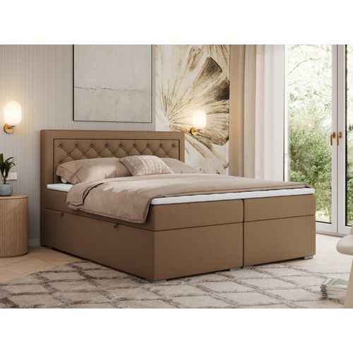 MKS MEBLE Boxspringbett 120x200 mit Bettkasten, Polsterbett 120x200 mit Matratze H3 Topper, Boxspringbett 120x200, Polsterbett 120x200, Bett 120x200 mit Kopfteil - Braun Kunstleder - H3 - JASIR