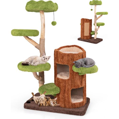 COSTWAY Kratzbaum, Katzenbaum mit zweistöckigem Katzenhöhle in Baumlochform, Jutesäule, Liegeflächen, Ball & Kratzbrett, Katzenturm 80x50x141cm