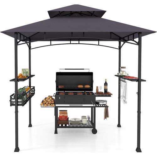COSTWAY Grillpavillon mit Doppeldach, Seitenregalen, Metallkorb, Haken & Flaschenöffner, Grillüberdachungen wetterfest, 242x153x250cm Dunkelgrau