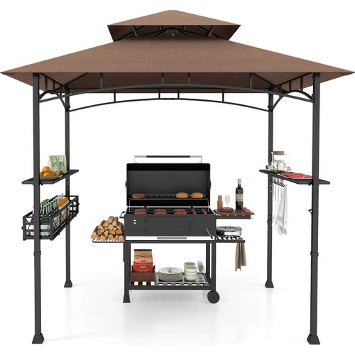 COSTWAY Grillpavillon mit Doppeldach, Seitenregalen, Metallkorb, Haken & Flaschenöffner, Grillüberdachungen wetterfest, 242x153x250cm Braun