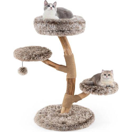 COSTWAY 90cm Kratzbaum Massivholz, Katzenbaum mit 4 Plüschsitzflächen, Ball & Kratzpfosten, Katzenturm Katzenmöbel, Katzenkratzbaum, Braun