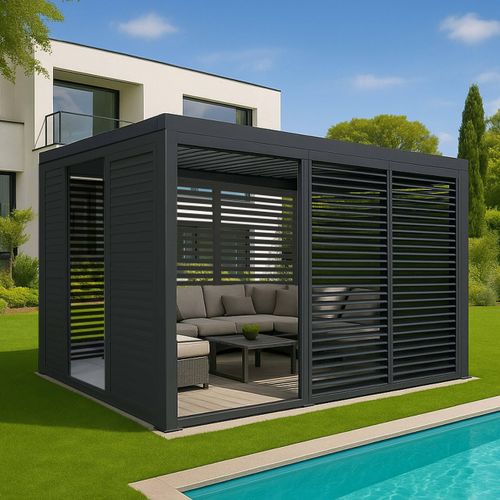 Alu Pergola MCW-L46, Pavillon Terrassenüberdachung, 6x Lamellenpaneel 6x Schiebetüren, 11cm-Gestell, 3x3m anthrazit