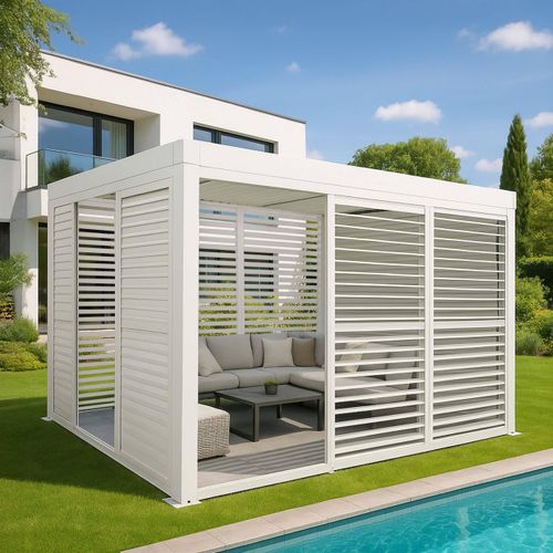 Alu Pergola HWC-L46, Pavillon Terrassenüberdachung, 6x Lamellenpaneel 6x Schiebetüren, 11cm-Gestell, 3x3m weiß