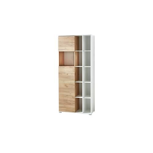Home Office Aktenschrank LIONI, aus Holz, 2 Türen, 4 geschlossene & 11 offene Fächer, B 850 x T 400 x H 1970 mm, weiß/Navarra Eiche
