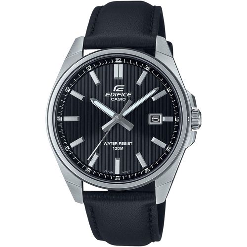 Quarzuhr CASIO EDIFICE, schwarz (schwarz, schwarz), Armbanduhren, Herren, Armbanduhr, Herrenuhr, analog, Datum, Lederarmband