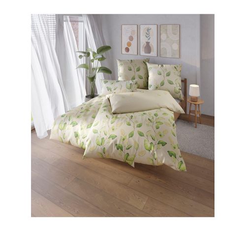 Bettwäsche WÄSCHEPUR Gr. 3, grün (champagner, eucalyptus, bedruckt), B/L: 155cm x 220cm, 2-teilige Garnitur St., 2-teilige Garnitur St., Mako-Satin, B/L: 80cm x 80cm, Mako-Satin, 100% Baumwolle, Bettwäsche