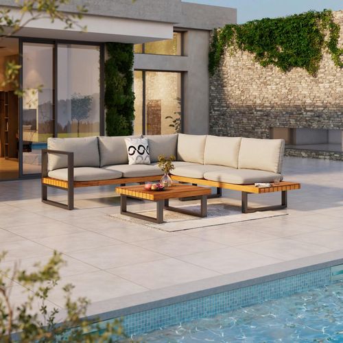 Ambia Garden Loungegarnitur , Grau, Teak , Holz, Metall, Textil , Akazie , massiv , 234x216 cm , Bsci, FSC 100% , Loungemöbel, Loungemöbel-Sets