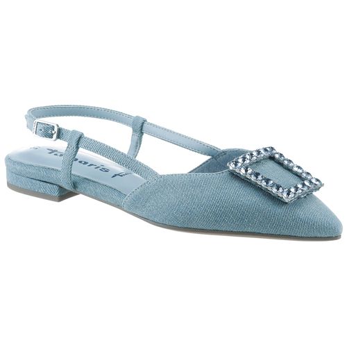 Slingpumps TAMARIS, Damen, Gr. 41, blau (jeansfarben), Textil, unifarben, modisch, Schuhe, Blockabsatz, Sommerschuh mit schickem Schmuckelement