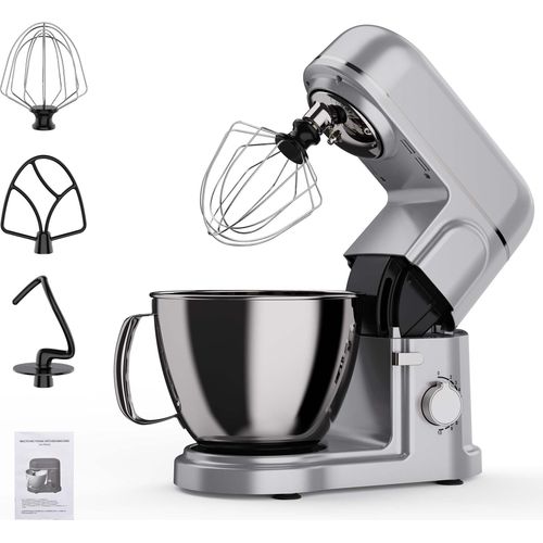 Küchenmaschine 2000W mit 5L Edelstahl-Rührschüssel, inkl. Rührhaken, Knethaken, Schneebesen, Spritzschutz, 8 Geschwindigkeiten, Silber