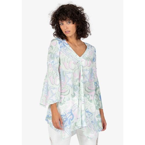 Longbluse SPORTALM KITZBÜHEL, Damen, Gr. 46, beige (starlight), Web, Obermaterial: 100% Viskose, gemustert, feminin, figurumspielend, V-Ausschnitt, Langarm, Blusen, mit Kordeldetail in der Taille