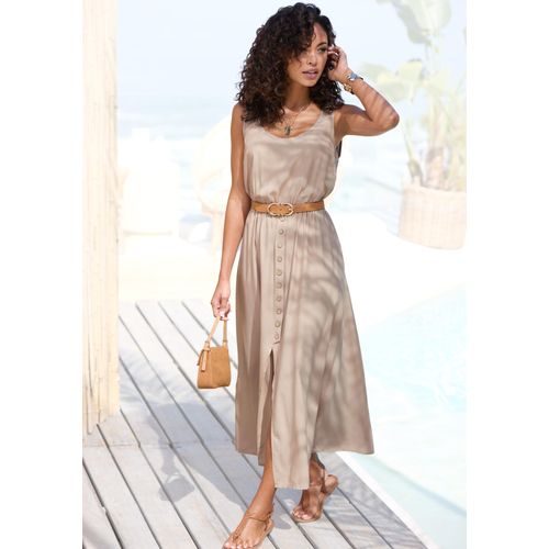 Maxikleid LASCANA, Damen, Gr. 46, N-Gr, beige (sand), Web, Obermaterial: 76% Viskose, 24% Polyester, unifarben, modisch, figurumspielend bodenlang, tiefer Rundhals, Kleider, mit Zierknöpfen, Sommerkleid, modisch