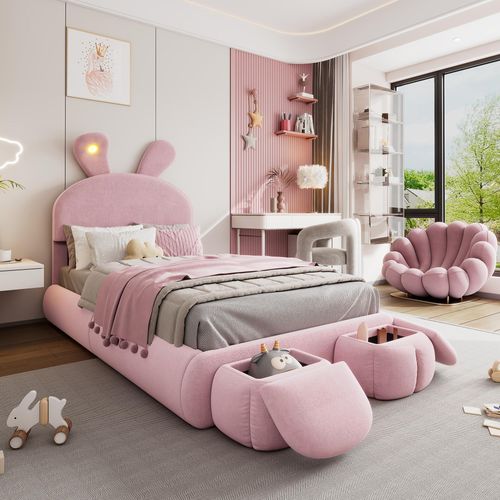 okwish Kinderbett Boxspringbett 90×200 cm mit Helligkeit warmfarbenen Lichtstreifen und Bettkasten Stauraum, Polsterbett Stauraumbett mit zwei Aufbewahrungshockernfür Jungen und Mädchen, Samt Rosa(Ohne Matratze)