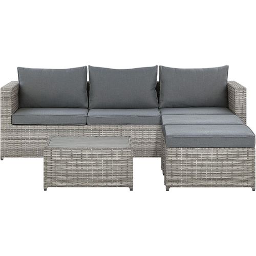BELIANI Lounge Set Polyrattan Hellgrau 5-Sitzer Linksseitig mit 2 Ottomanen und Auflagen in Grau Klassisch Gartenausstattung Terrasse