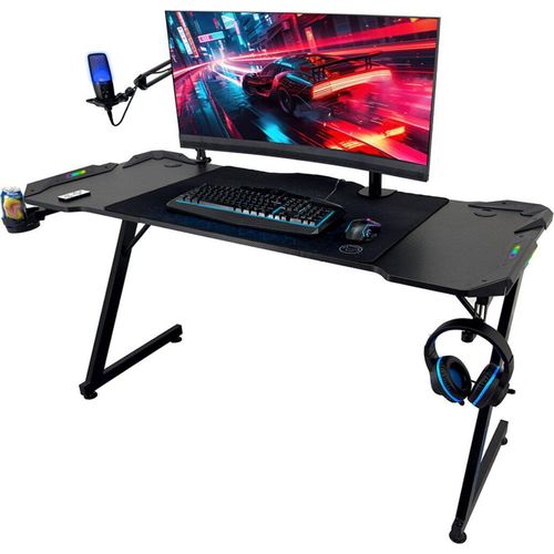 Qware Akron Gaming Desk – LED-Tisch mit Headset-Halter & Getränkehalter, 140 cm breit