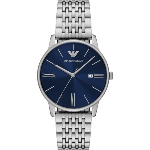 Quarzuhr EMPORIO ARMANI, edelstahlfarben, dunkelblau, Armbanduhren, Damen, Armbanduhr, Damenuhr, Herrenuhr, Edelstahlarmband, analog, Tag