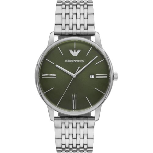 Quarzuhr EMPORIO ARMANI, silber (edelstahlfarben, olivgrün), Armbanduhren, Herren, Armbanduhr, Herrenuhr, Datum, analog, Edelstahlarmband