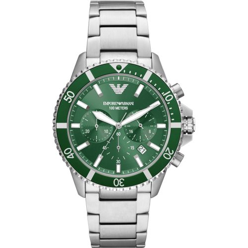 Chronograph EMPORIO ARMANI, silber (silberfarben, grün), Armbanduhren, Herren, Quarzuhr, Armbanduhr, Herrenuhr, Edelstahlarmband, bis 10 bar wasserd.
