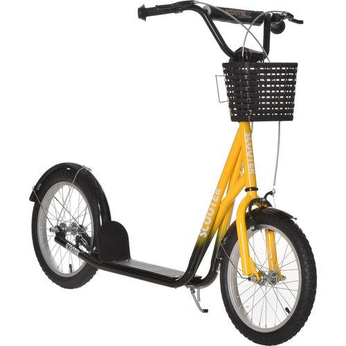 HOMCOM Kinder Roller Höhenverstellbar Tretroller mit großen Gummirädern, 2 Bremsen, Kinderscooter mit Korb, Becherhalter, für 5-12 Jahre Kinder