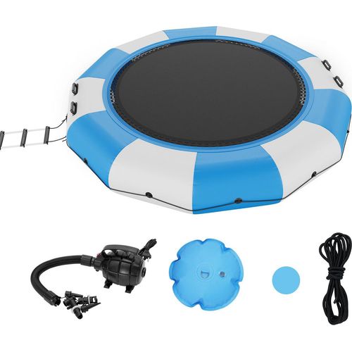 Aufblasbarer Wassertrampolin mit Leiter, Wasserdichte, Abriebfeste, Wassertrampoline 3,96 m Großen Sprungfläche, Sprungplattform-Wasserpark Pool Trampolin, Blau + Weiß 226 kg Tragfähigkeit
