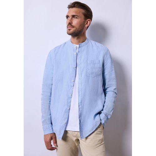 Leinenhemd STREET ONE MEN, Herren, Gr. L (42), US-Größen, blau (summer blau), Stoff, 100% Leinen, unifarben, casual, normal normal, hoch geschlossener Ausschnitt, Langarm 1-Knopf-Manschette, Hemden, mit Knopfleiste