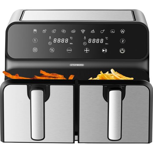 Steinborg Duale Heißluftfritteuse | 4+4 Liter | Heissluftfritteuse | 4 in 1 Mini Backofen | Fritteuse | Dörrautomat | Grill | Grillen Backen Dörren Frittieren | Friteuse ohne Öl | Air Fryer |
