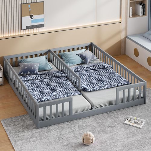 MODFU Kinderbett Holzbett 90x200cm für Familien mit zwei Kindern, Jugendbett Massivholzbett mit Gitter, Grau(Mit Lattenrost,Ohne Matratze)