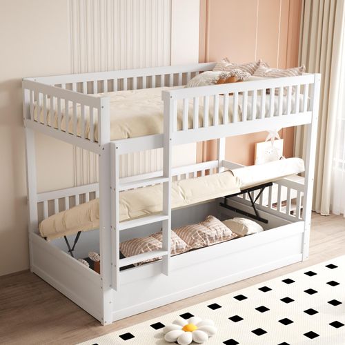 STILVORA Etagenbett -Kinderbett 90x200 Bettgestell Jugendbett mit Massivholz-Hydraulikspeicher,Lagerbett Holzbett für Kinder Jugendliche,Weiß ,Ohne Matratze